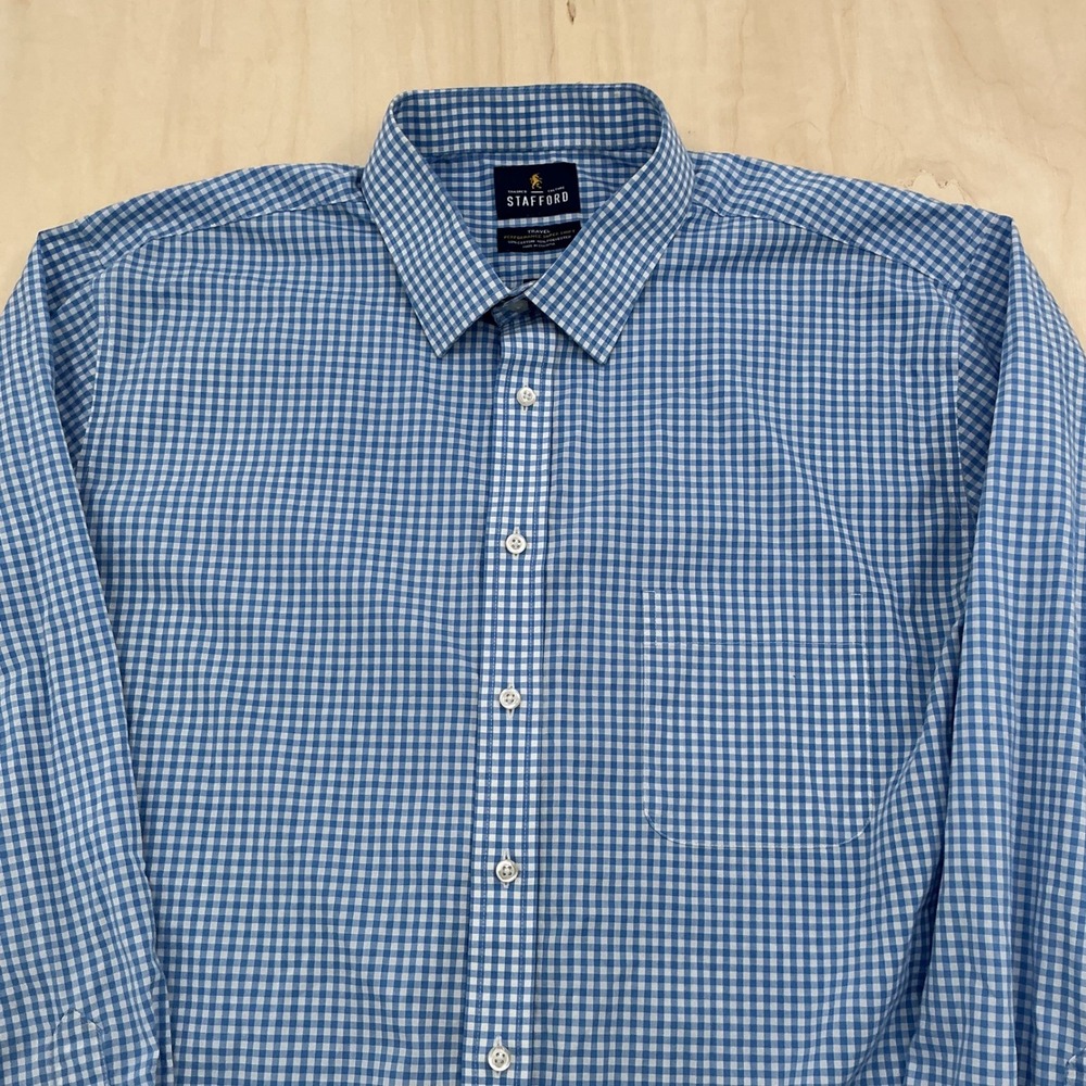 Stafford Button Down Shirt Mens 18 36-37‎ Blue Gingham X-Tall Fit Travel Classic